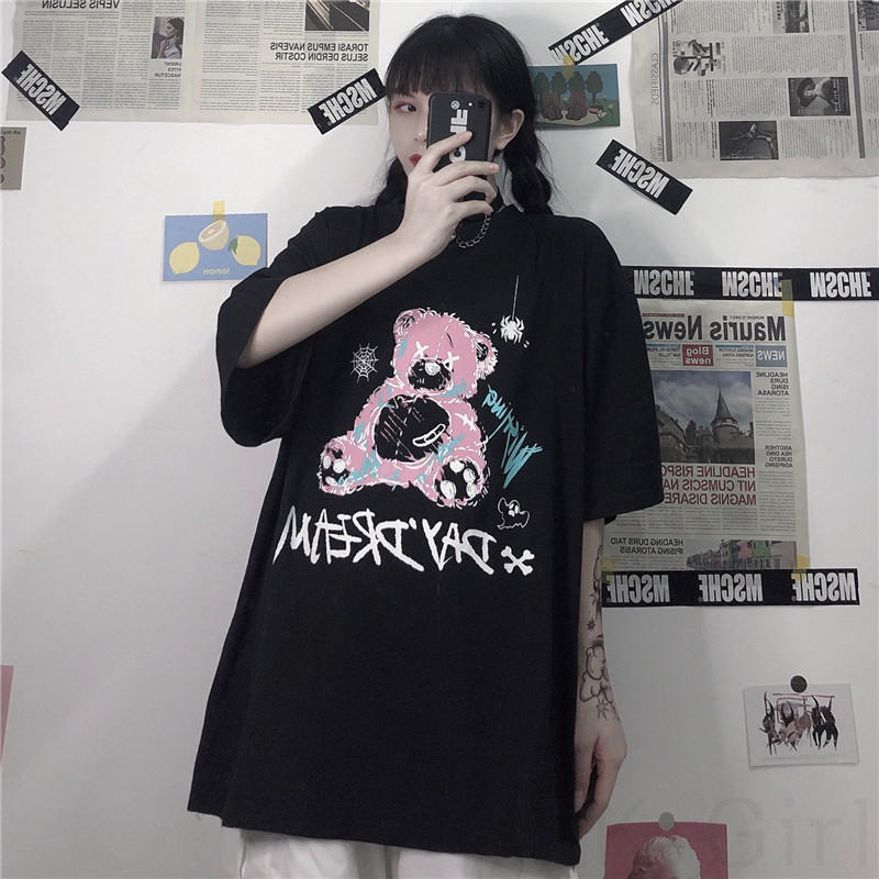 アルファベットプリントカートゥーン半袖カジュアルストリート系韓国系一般プリントロングラウンドネックプルオーバーＴシャツ・ポロシャツ