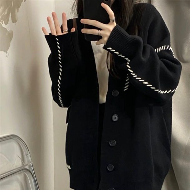 [シンプルファッション韓国系]カーディガン キュート無地長袖切り替えVネックシングルブレスト