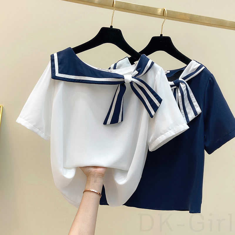 配色 シンプル リボン セーラーカラー プルオーバー Ｔシャツ・ポロシャツ