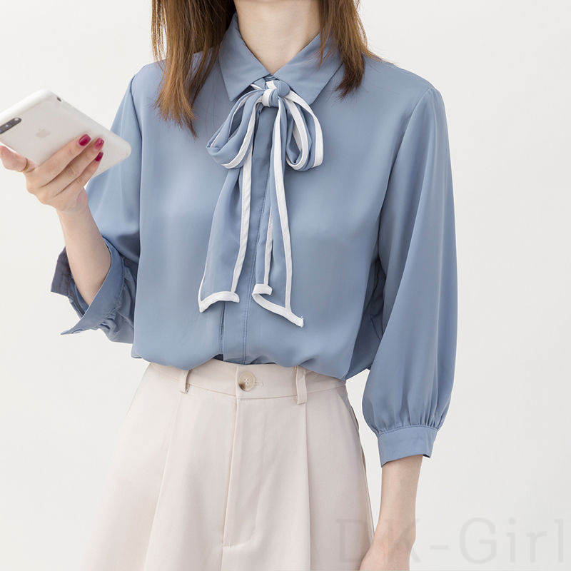 シンプル ファッション 通勤/OL  配色 リボンカラー シングルブレスト シャツ・ブラウス