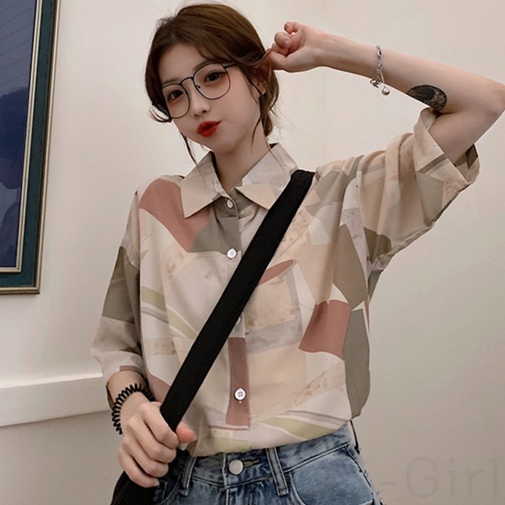 配色プリント半袖シンプルレトロスウィート学園風韓国系ショート丈折襟シングルブレストシャツ・ブラウス