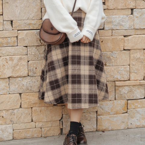 チェック柄ファッションレトロ韓国系フェミニンエレガントハイウエストAラインスカート