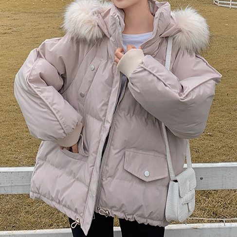 無地コットン長袖シンプルファッション韓国系スエード切り替え冬フード付きジッパー20~40代綿コート