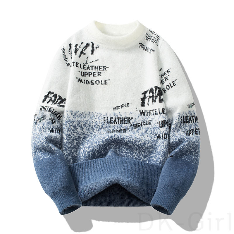暖かい セーター ファッション カジュアル グラデーション色 プリント ルーズ 厚手 秋冬 メンズ セーター