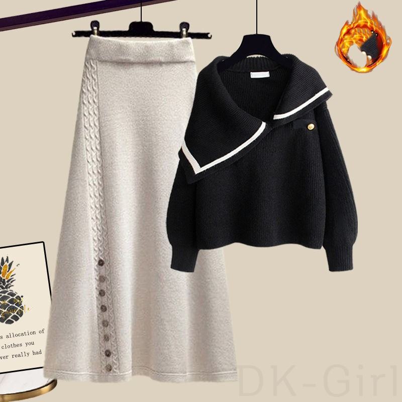 ブラックセーター+ホワイトスカート