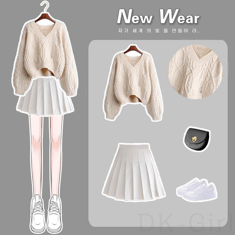 アイボリーセーター+ホワイトスカート/セット