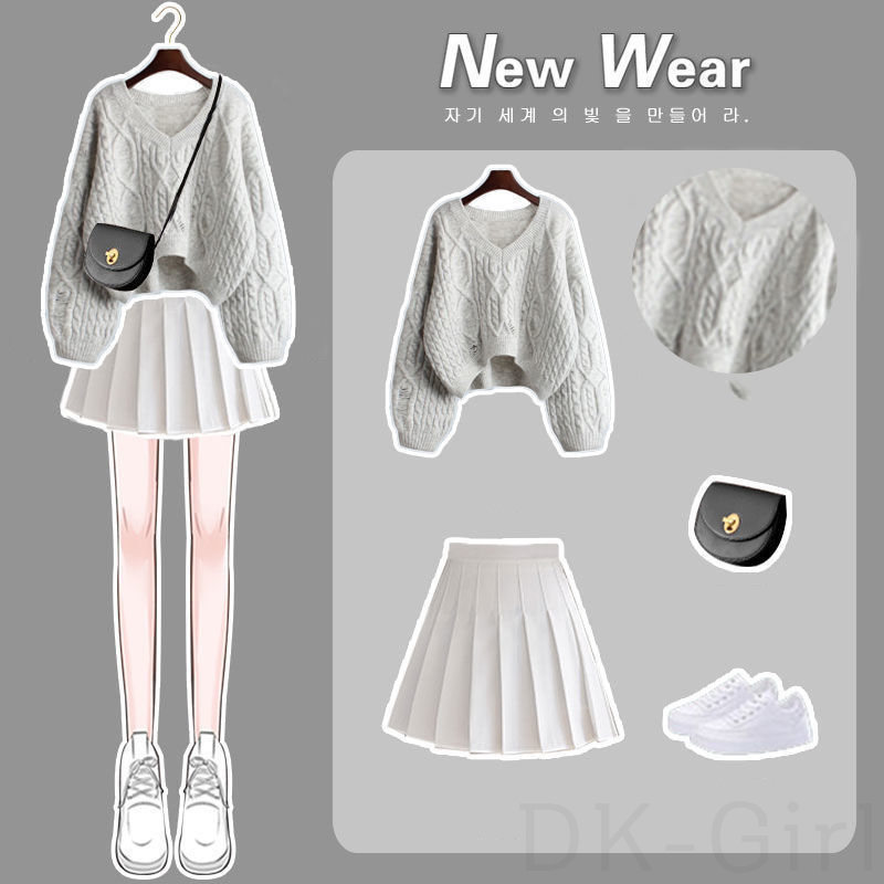 グレーセーター+ホワイトスカート/セット
