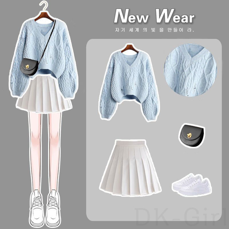 ブルーセーター+ホワイトスカート/セット