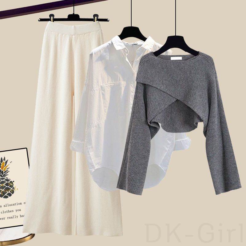 グレーセーター+ホワイトシャツ+アプリコットパンツ/３点セット