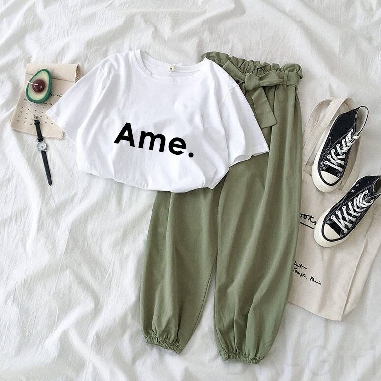 ホワイト/Tシャツ+グリーン/パンツ/2点セット