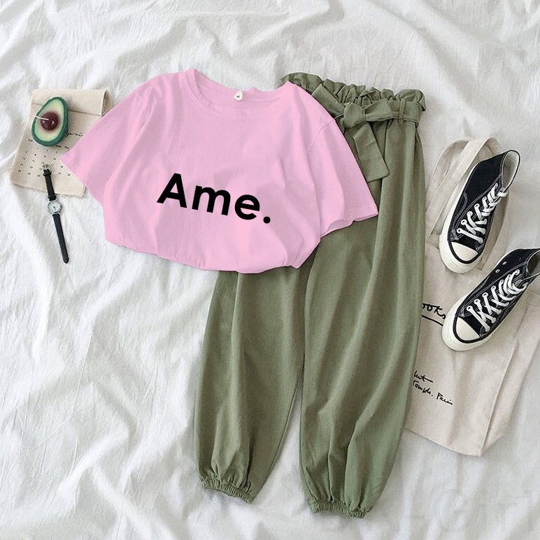 ピンク/Tシャツ+グリーン/パンツ/2点セット