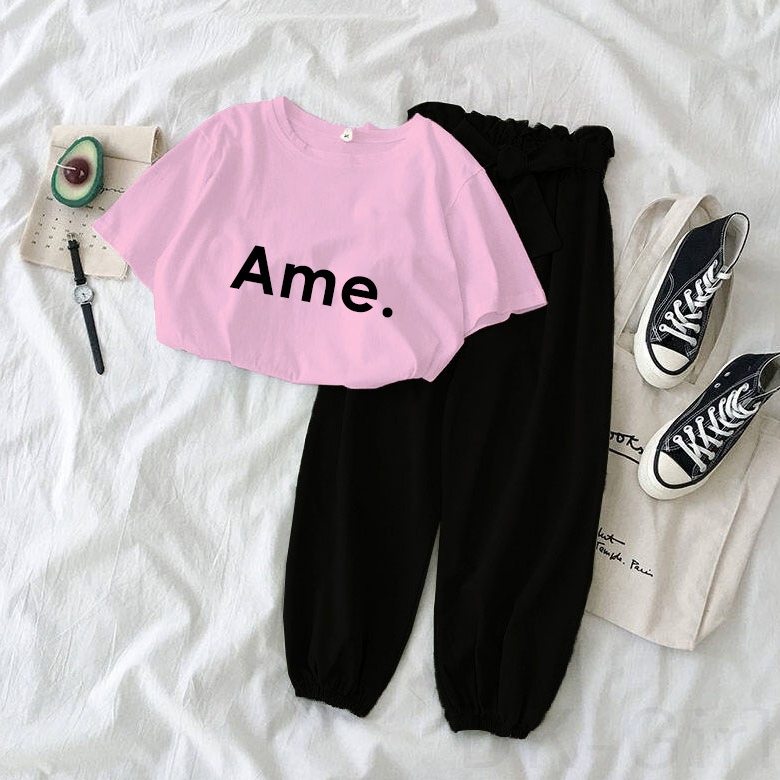 ピンク/Tシャツ+ブラック/パンツ/2点セット