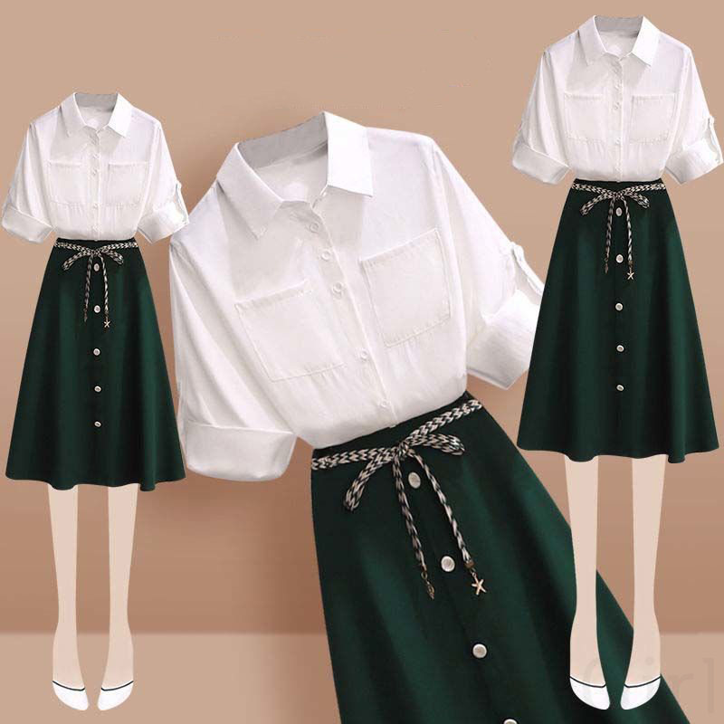 ホワイト/シャツ+グリーン/スカート