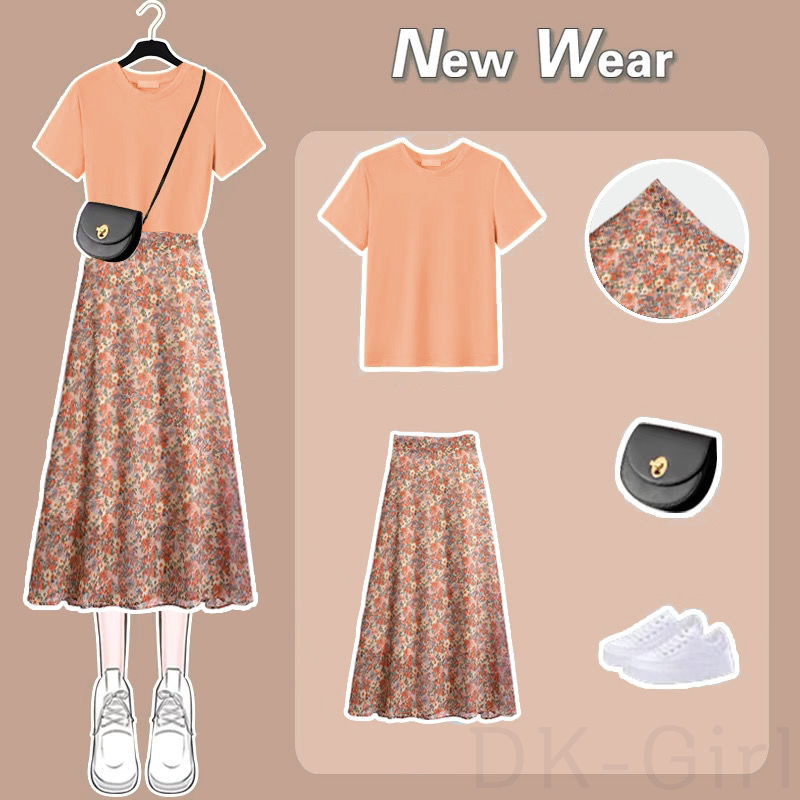 オレンジシャツ+プリントスカート