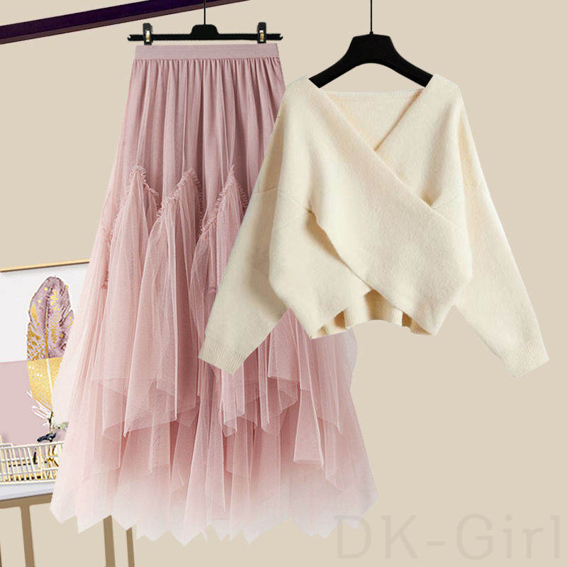 アプリコット／セーター＋ピンク/スカート