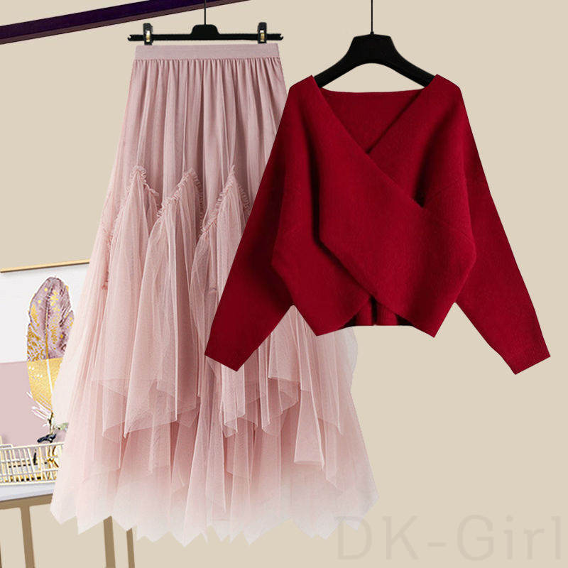 レッド／セーター＋ピンク/スカート