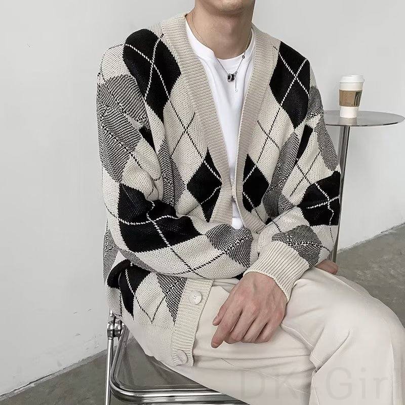 質感のいい カーディガン 韓国風 ファッション レトロ 配色 幾何模様 Vネック 秋冬 メンズ カーディガン