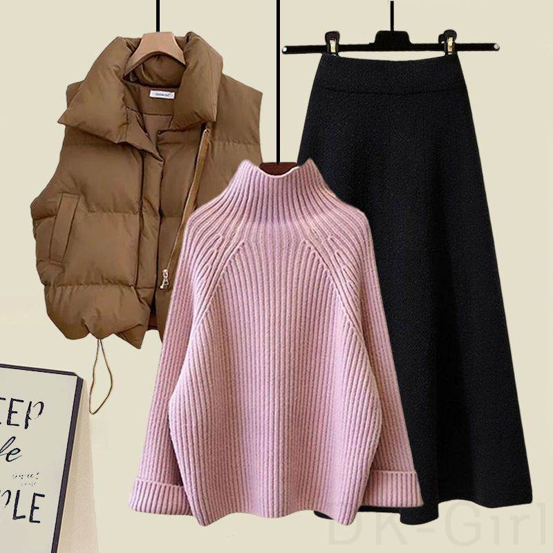 ベージュ/ベスト+ピンク/ニット.セーター+ブラック/スカート