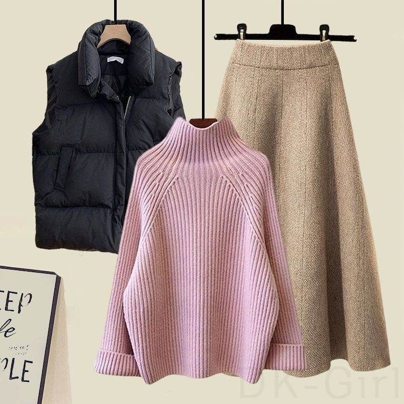 ブラック/ベスト+ピンク/ニット.セーター+ベージュ/スカート