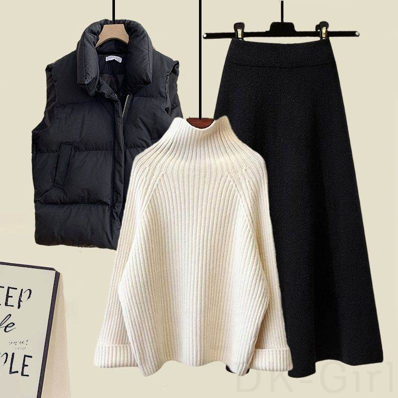 ブラック/ベスト+ホワイト/ニット.セーター+ブラック/スカート