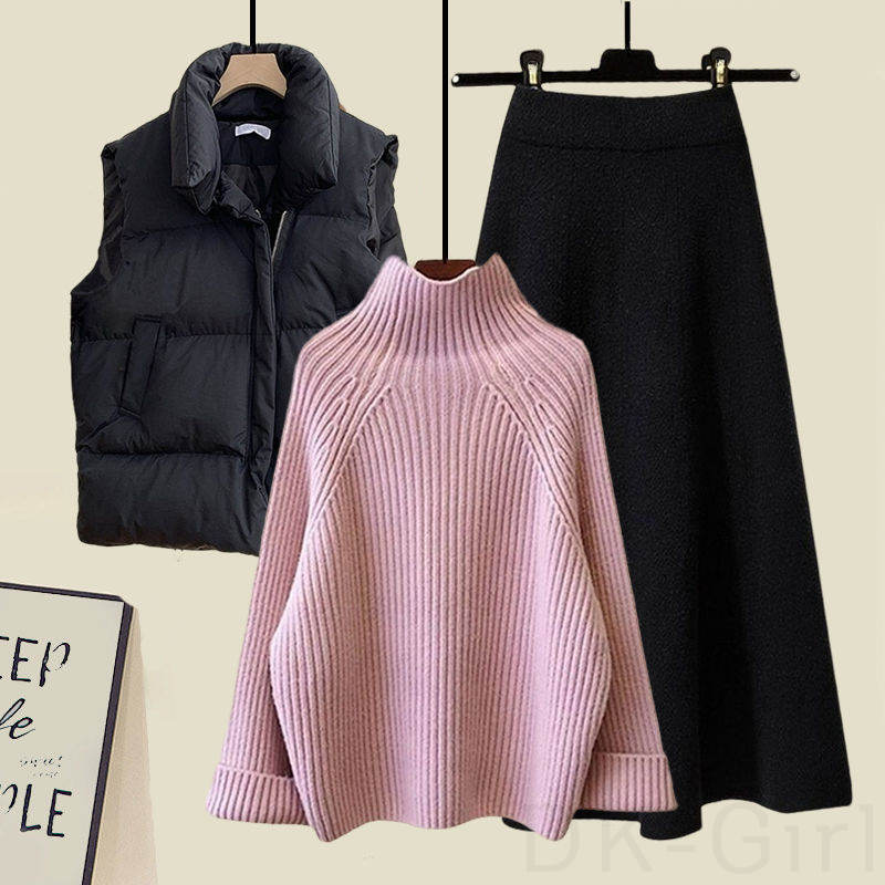 ブラック/ベスト+ピンク/ニット.セーター+ブラック/スカート