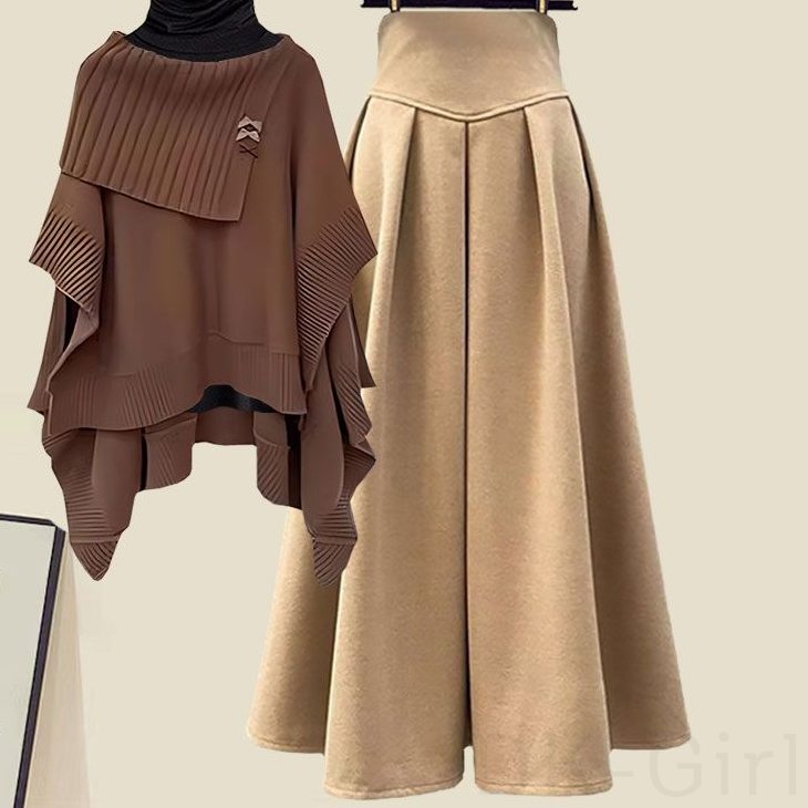 キャメル/セーター+カーキ/スカート