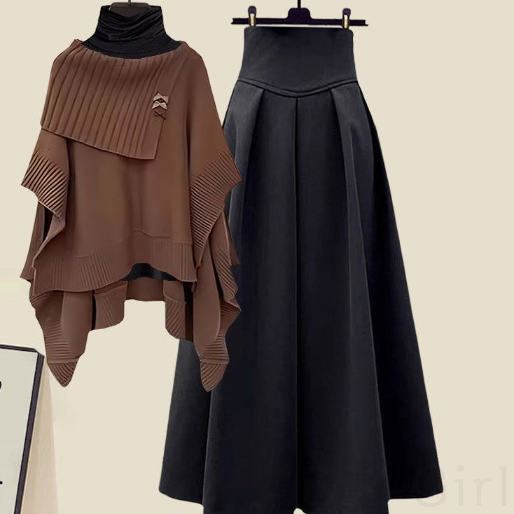 キャメル/セーター+ブラック/スカート