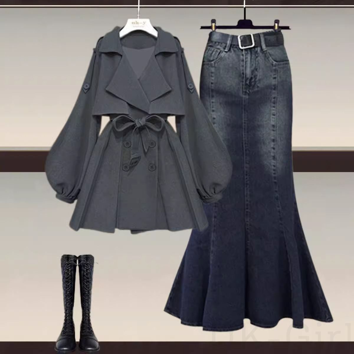 グレー/コート+ブルー/スカート