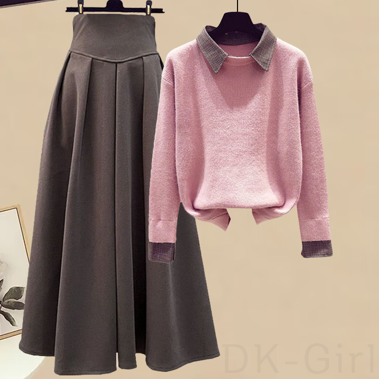 ピンク/セーター＋コーヒー/スカート