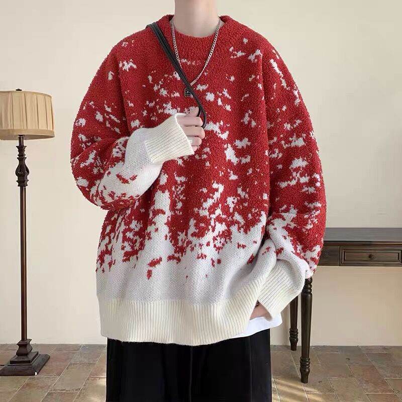 存在感抜群 セーター ファッション レトロ クリスマス グラデーション色 プリント ラウンドネック 秋冬 メンズ セーター