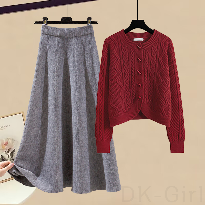 レッド/ニット.セーター+グレー/スカート