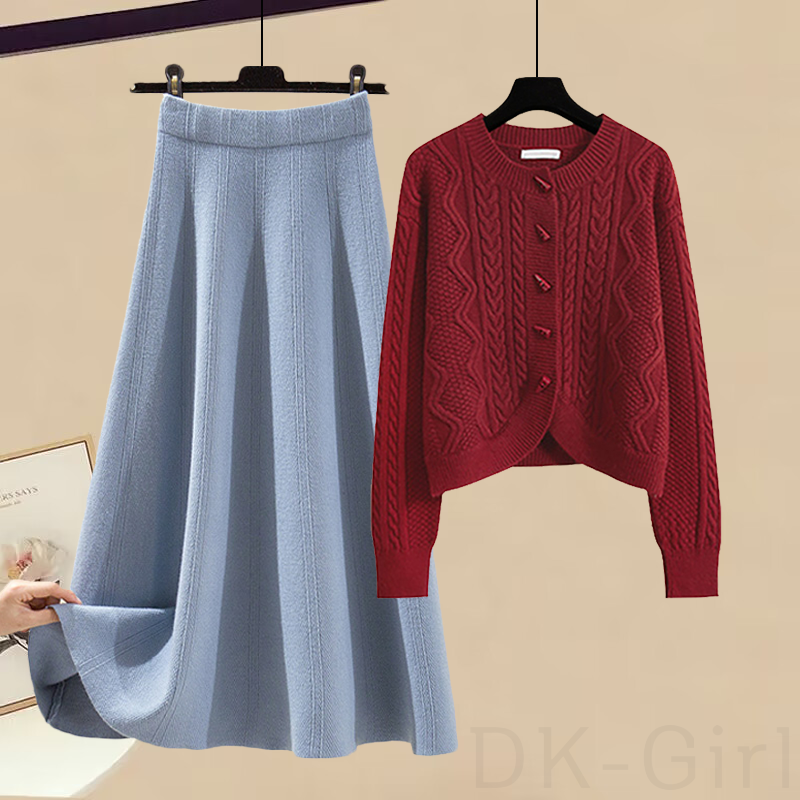 レッド/ニット.セーター+ブルー/スカート