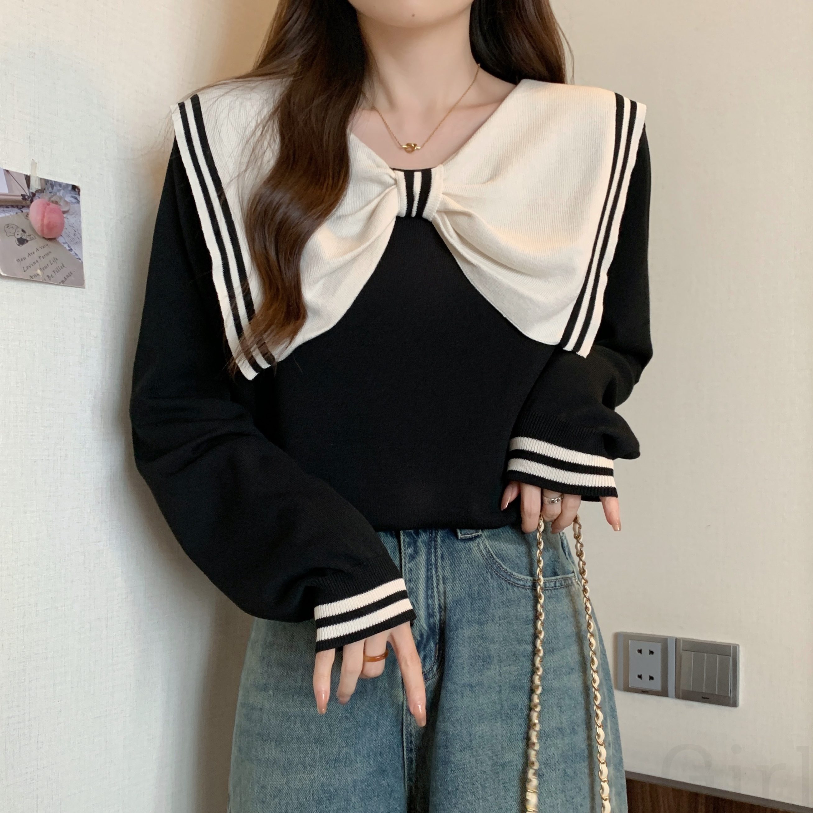 セーター・カットソー韓国ファッション オシャレ 服キュート長袖一般セーラーカラーリボン配色