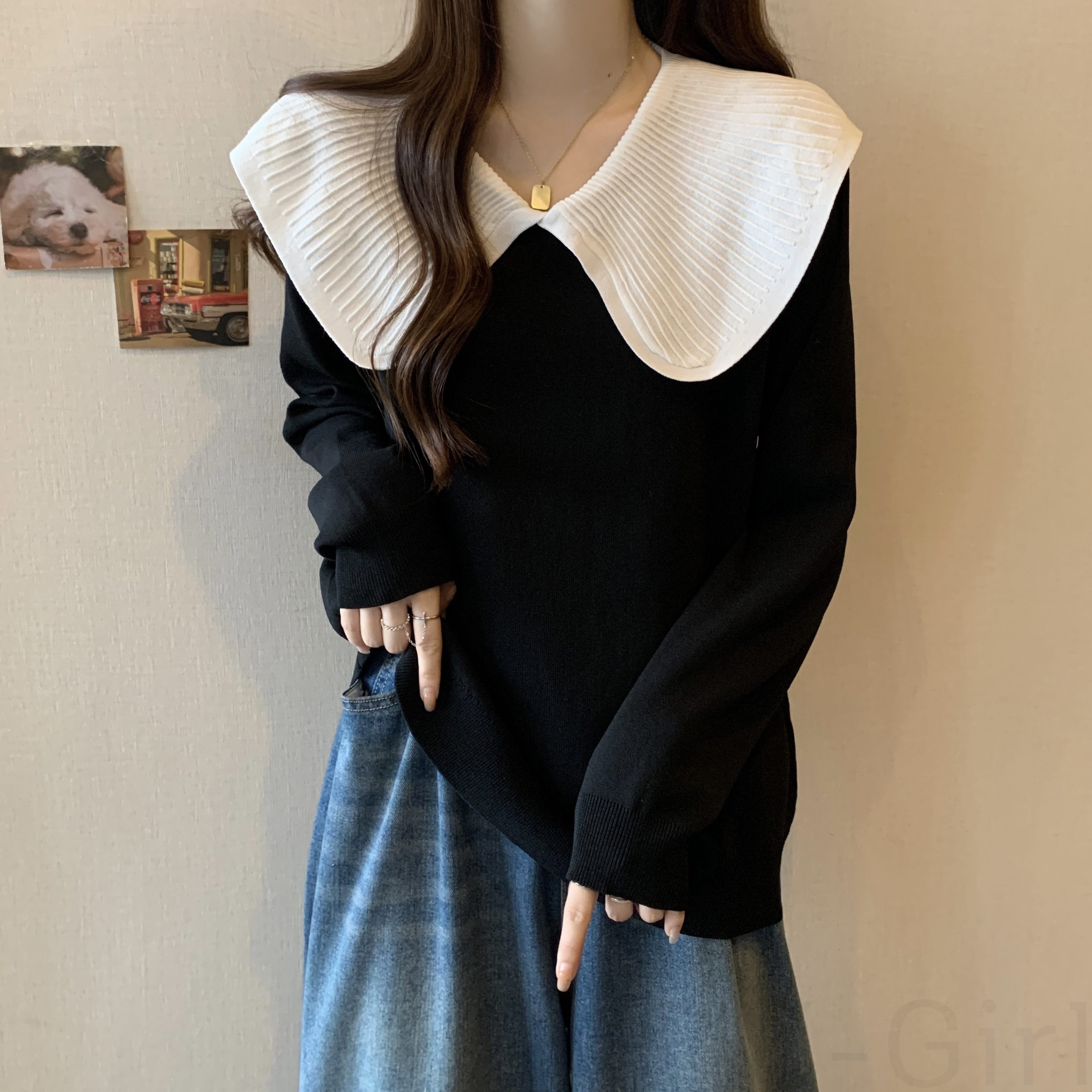 セーター・カットソーカジュアル韓国ファッション オシャレ 服長袖一般ピーターパン・カラーなし配色