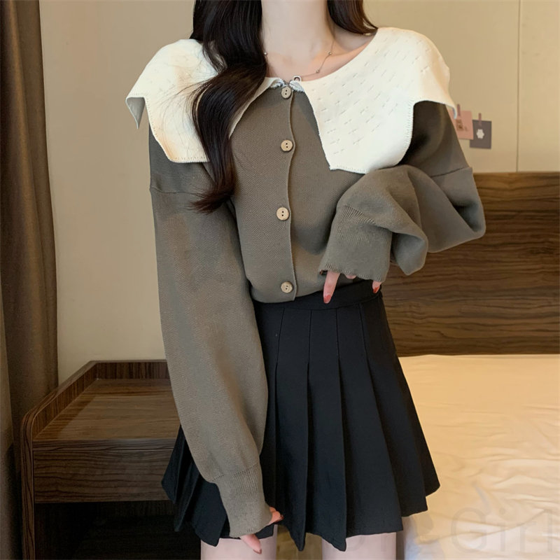 シャツカーディガン韓国ファッション オシャレ 服キュート長袖一般ピーターパン・カラー切り替えボタン無地