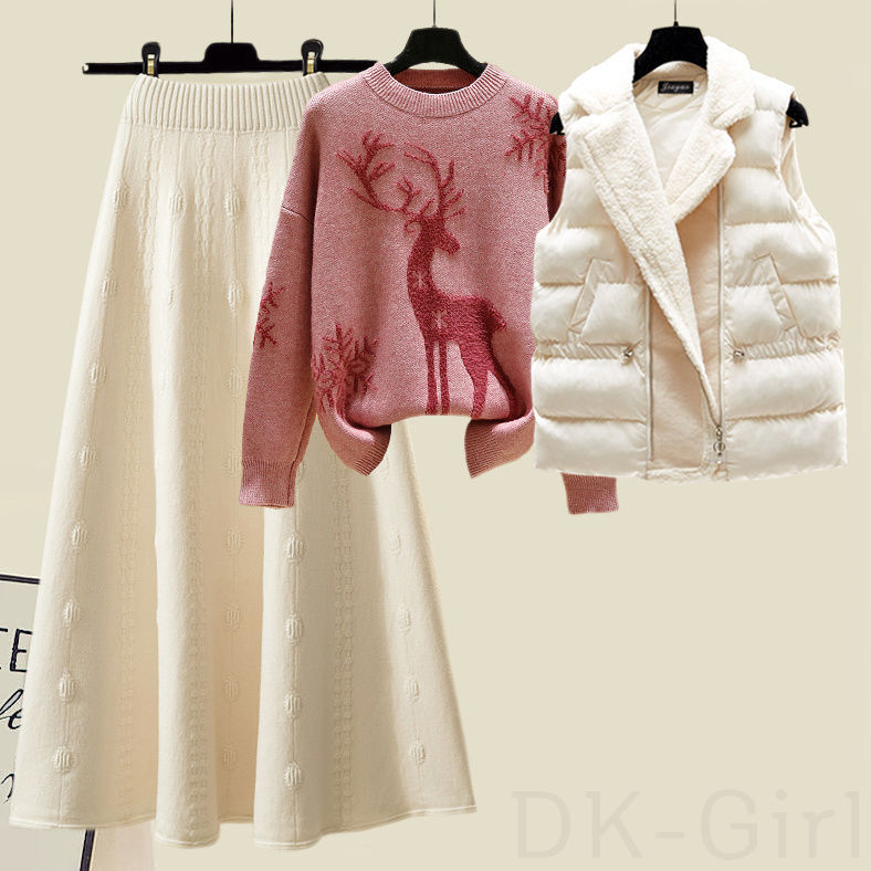 ホワイト/ベスト＋レッド/セーター+アプリコット/スカート