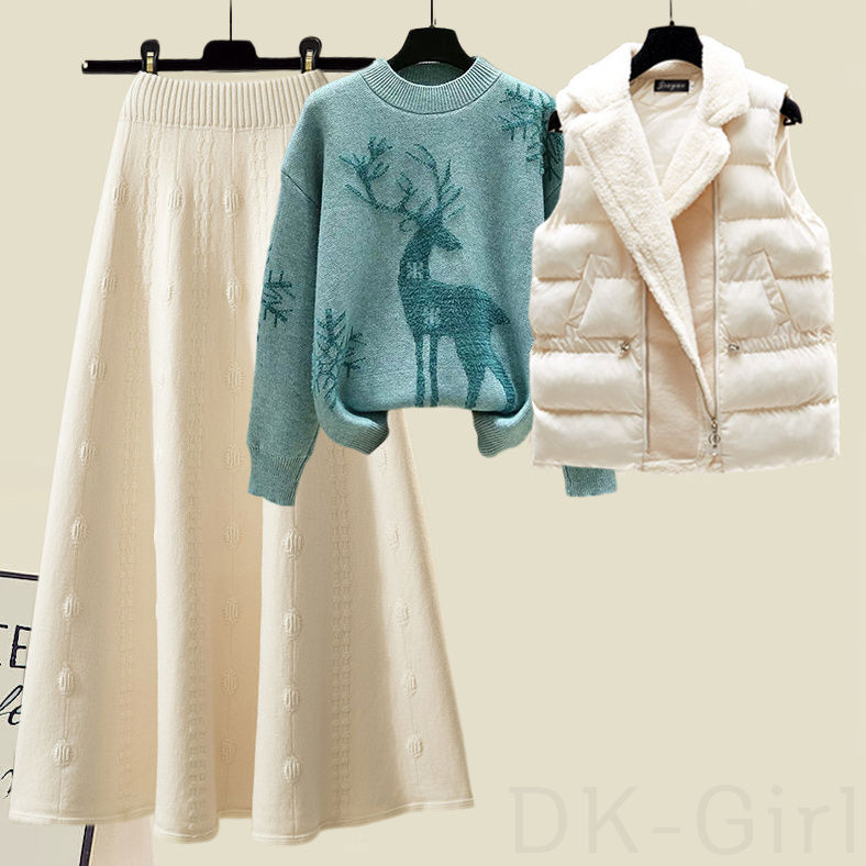 ホワイト/ベスト＋グリーン/セーター+アプリコット/スカート
