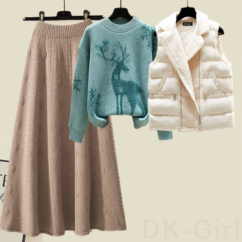 ホワイト/ベスト＋グリーン/セーター+コーヒー/スカート