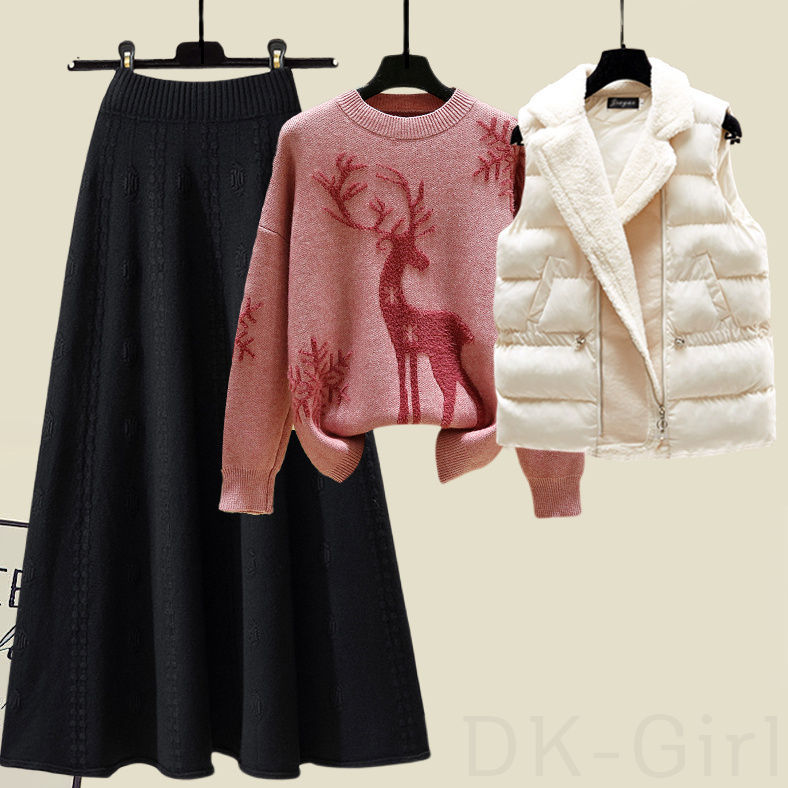 ホワイト/ベスト＋レッド/セーター+ブラック/スカート