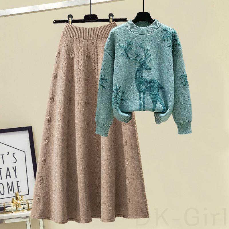 グリーン/セーター+コーヒー/スカート
