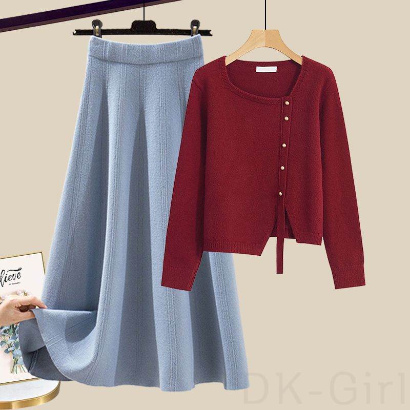 レッド/セーター+ブルー/スカート