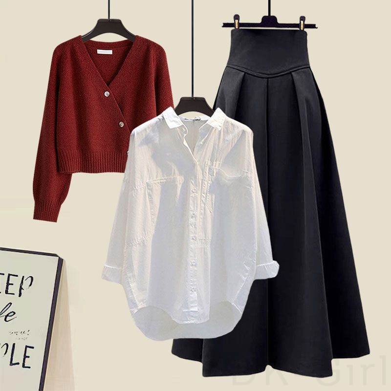 ホワイト/シャツ+レッド/ニット.セーター+ブラック/スカート