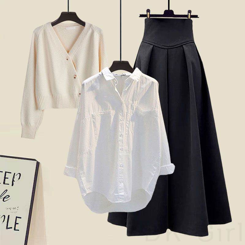 ホワイト/シャツ+アイボリー/ニット.セーター+ブラック/スカート