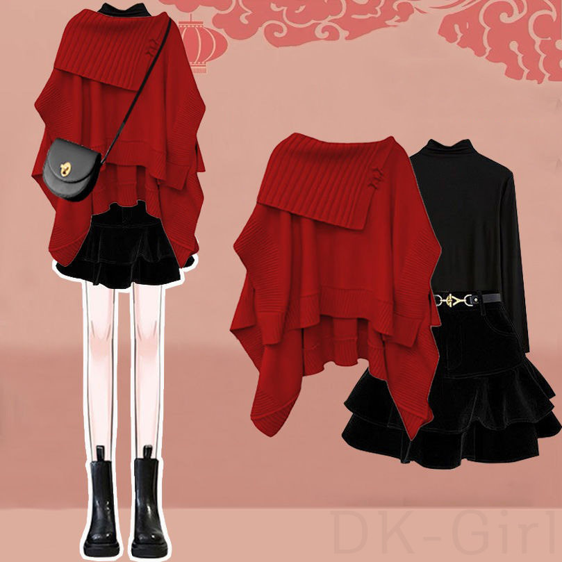 レッド/セーター+ブラック/カットソー+ブラック/ドレス