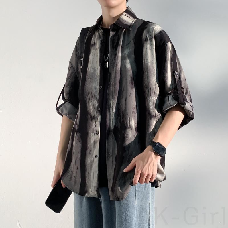 シャツシンプルカジュアルレトロ韓国ファッション オシャレ 服メンズ長袖一般一般折り襟ボタンプリントボタン配色プリント
