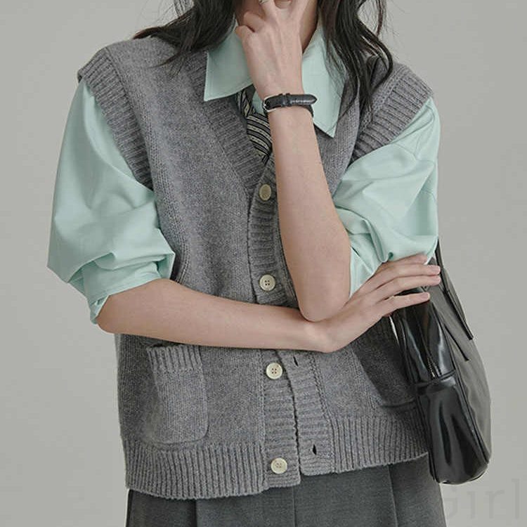 ベストシンプル韓国ファッション オシャレ 服ノースリーブVネックシングルブレストボタン無地