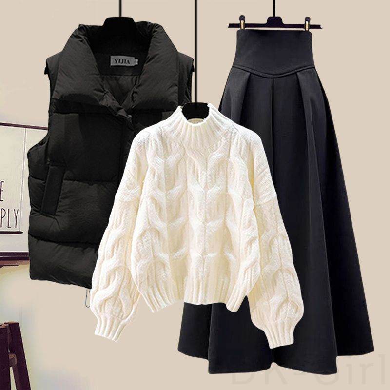ブラック/ベスト+ホワイト/セーター+ブラック/スカート