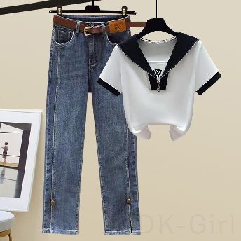 「単品注文」 ファッション韓国系半袖セーラーカラー 配色 ジッパーTシャツ着痩せ効果 デニムパンツ 二点セット